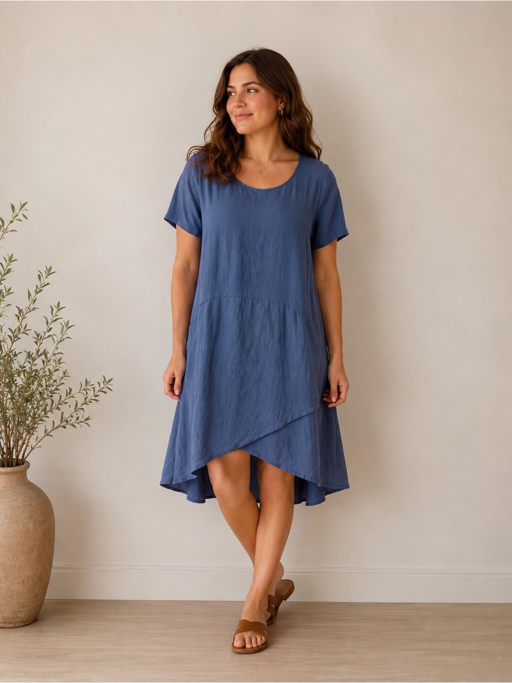 CATERINA RICCI | 100% Linen Asymmetrical Midi Dress | Relaxed Coastal Minimalist